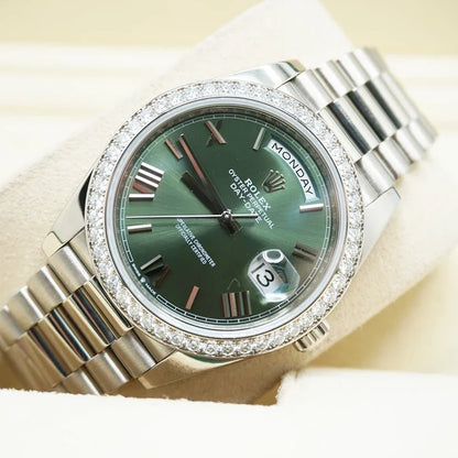 Day-Date 40 228349RBR White Gold Olive Green Dial Diamond Bezel
