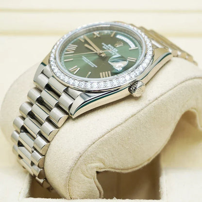 Day-Date 40 228349RBR White Gold Olive Green Dial Diamond Bezel