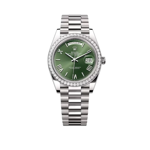 Day-Date 40 228349RBR White Gold Olive Green Dial Diamond Bezel