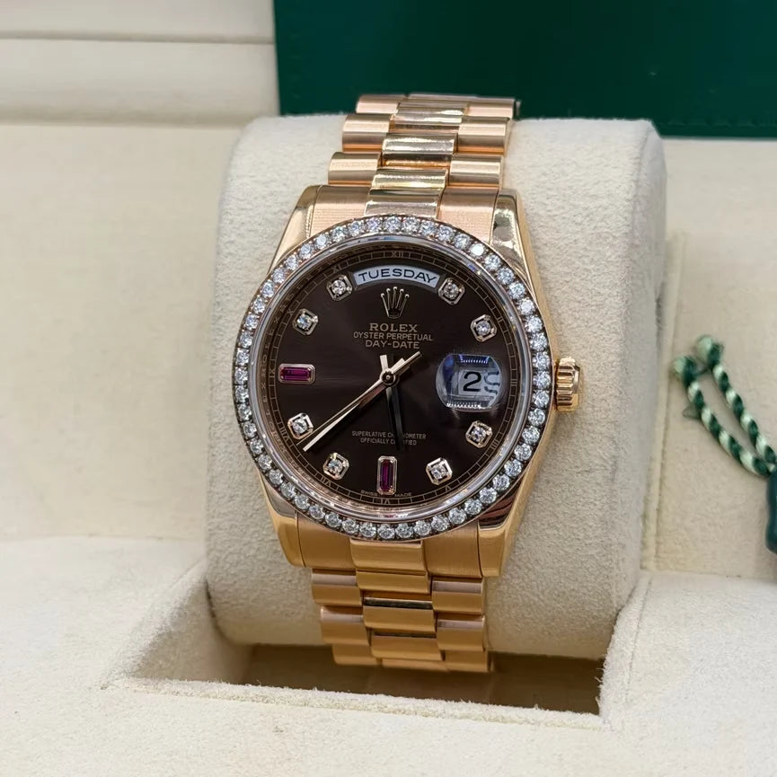 Day-Date 36mm President Bracelet Chocolate Ruby Dial Rose Gold Diamond Bezel 118235