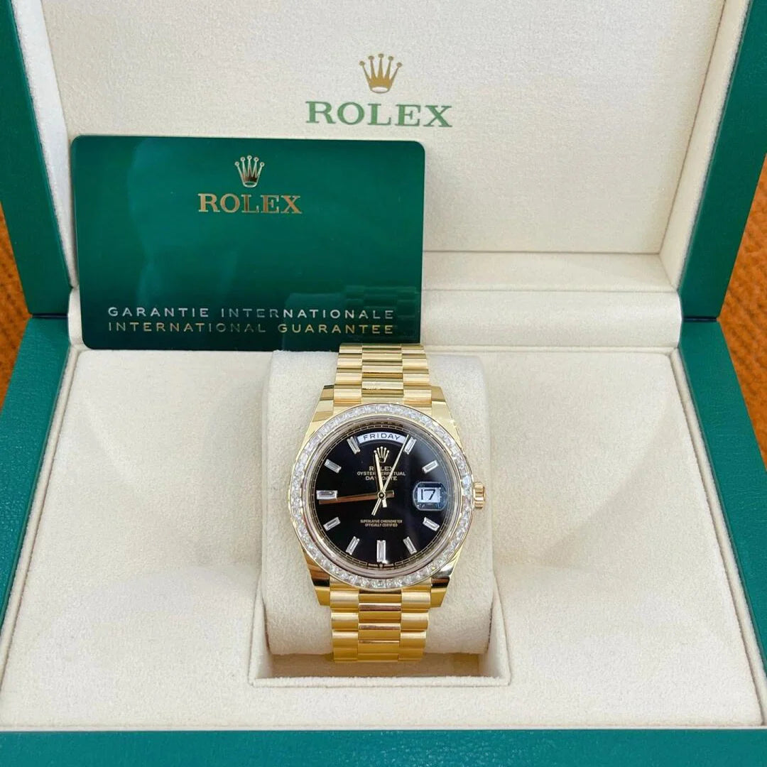 Day-Date 40mm Yellow Gold Black Baguette Diamond Dial Baguette Bezel m228398tbr-0001