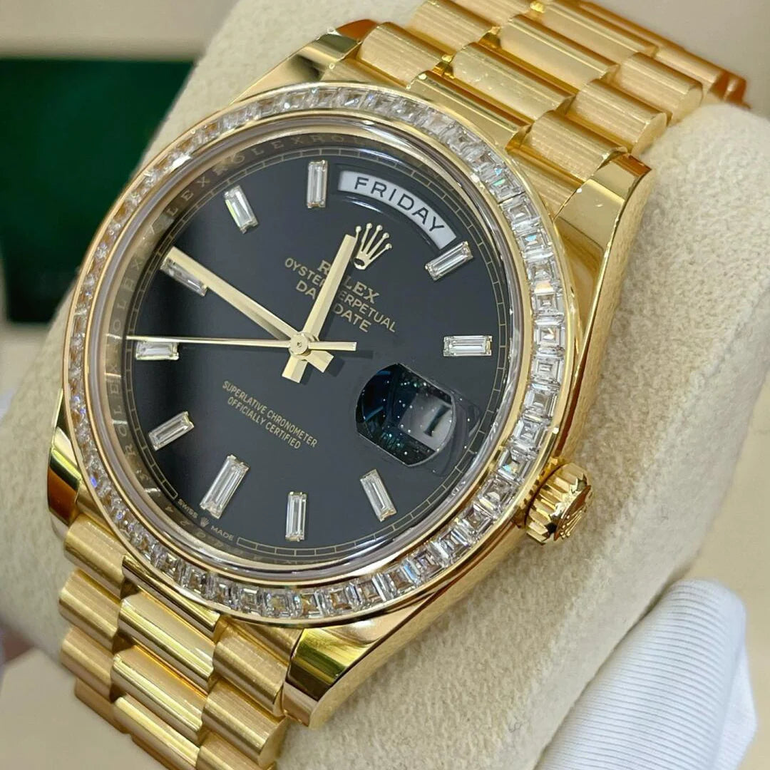 Day-Date 40mm Yellow Gold Black Baguette Diamond Dial Baguette Bezel m228398tbr-0001