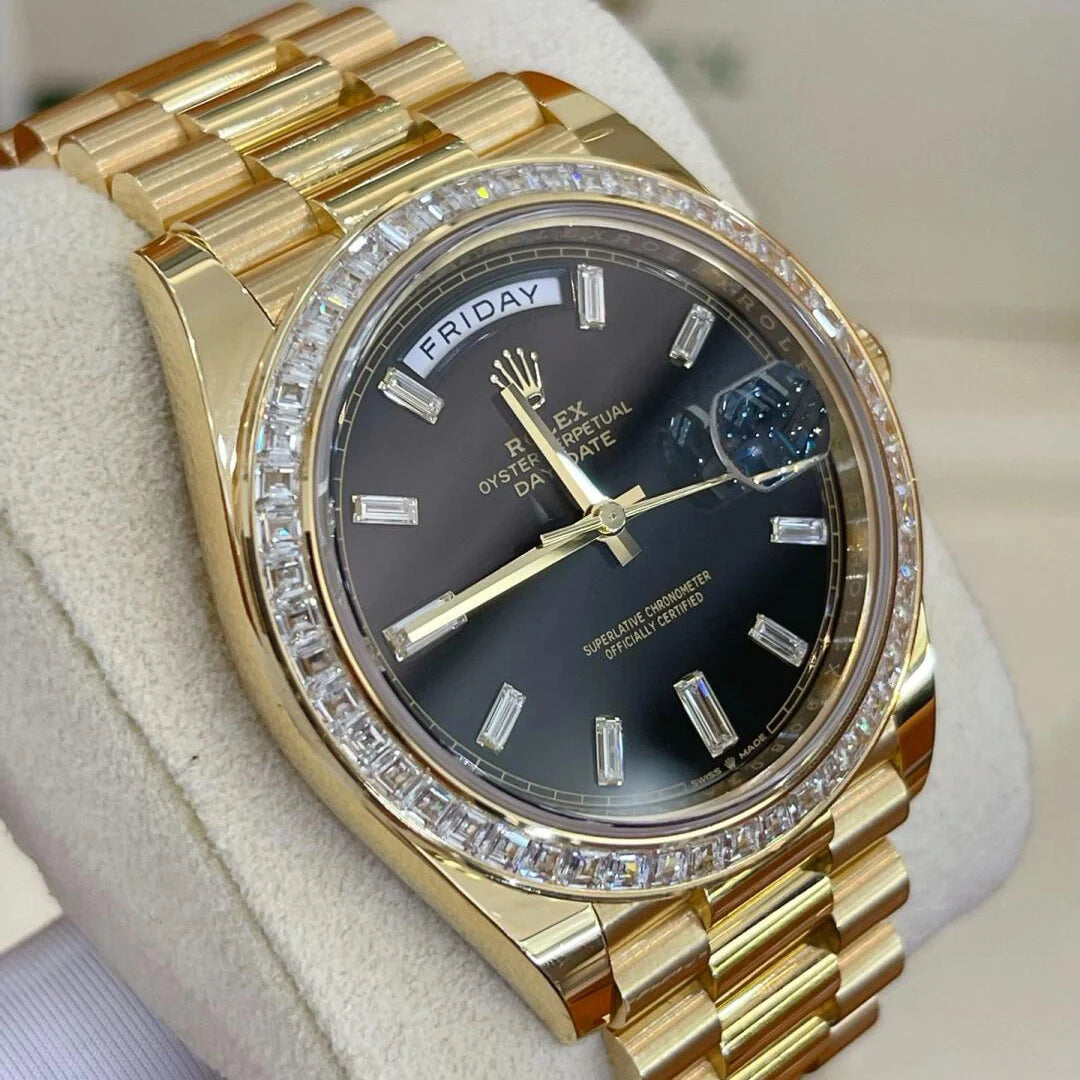 Day-Date 40mm Yellow Gold Black Baguette Diamond Dial Baguette Bezel m228398tbr-0001