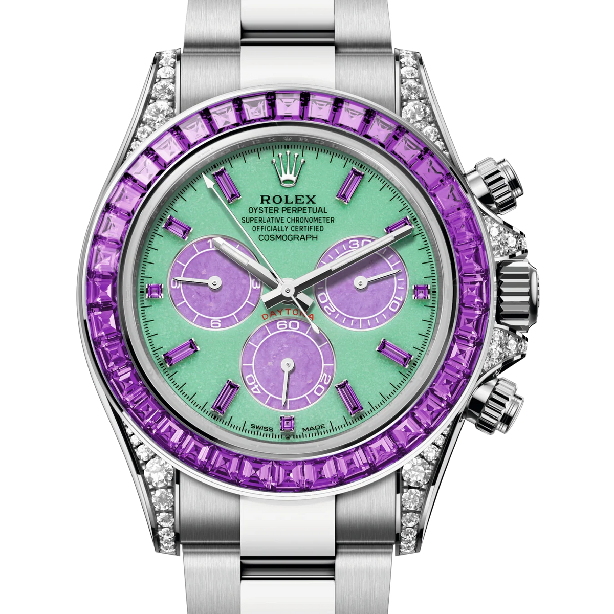 Cosmograph Daytona 'Spring' White Gold Vivid Green Dial Purple Baguette-cut Sapphires Ref.126599 SAVL