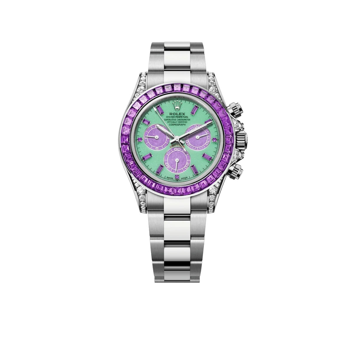 Cosmograph Daytona 'Spring' White Gold Vivid Green Dial Purple Baguette-cut Sapphires Ref.126599 SAVL